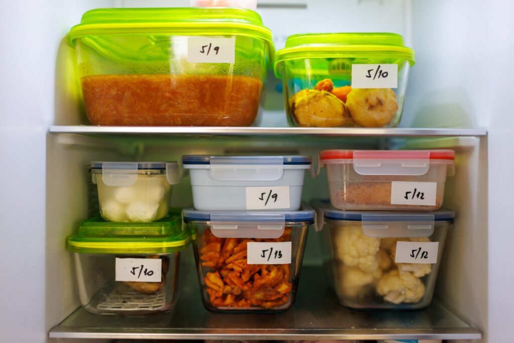 This is a photo of a fridge stocked with leftovers.